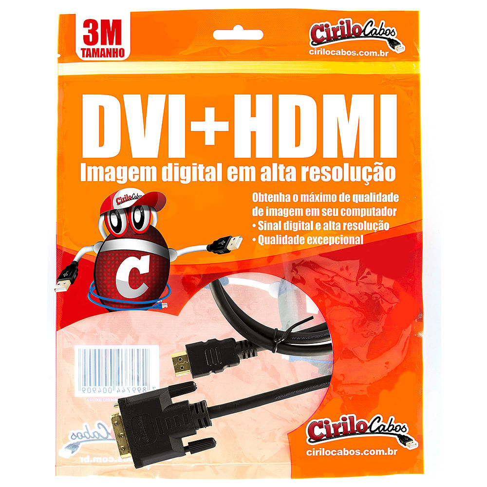 Cabo DVI para HDMI, 3 metros - Cirilo Cabos