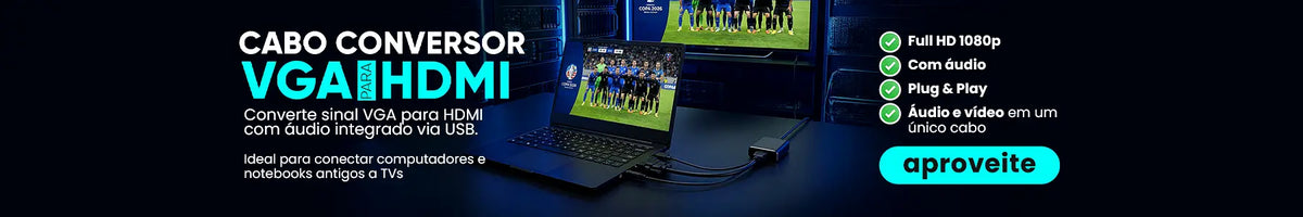 Converte sinal VGA para HDMI com áudio integrado via USB. Ideal para conectar computadores e notebooks antigos a TVs