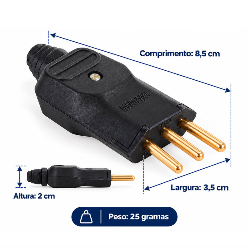 Kit com 10 Plug Macho Tomada Elétrica Reto Tripolar Novo Padrão 10A Preto