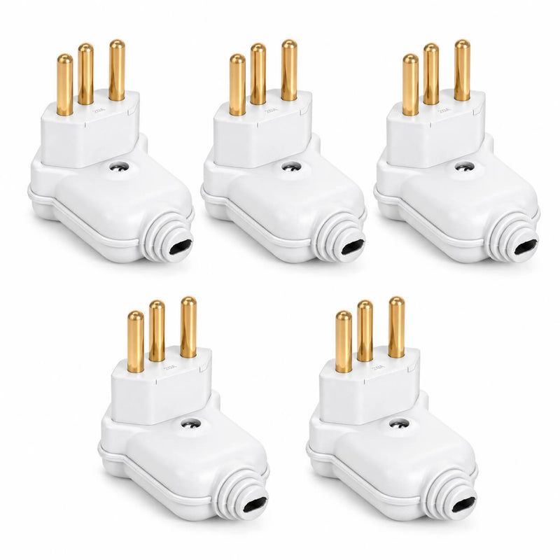 Kit com 5 Plug Macho Tomada Elétrica Tripolar 90 Graus Branco 20A