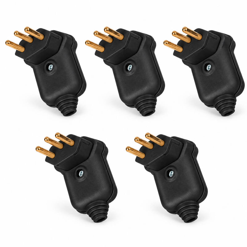 Kit com 5 Plug Macho Tomada Elétrica Tripolar 90 Graus Preto 10A