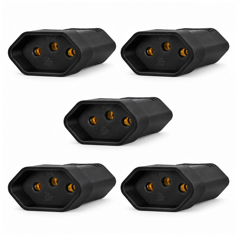 Kit com 5 Plug Fêmea Tripolar 2P+T para Extensão Padrão NBR 14136 10A Preto