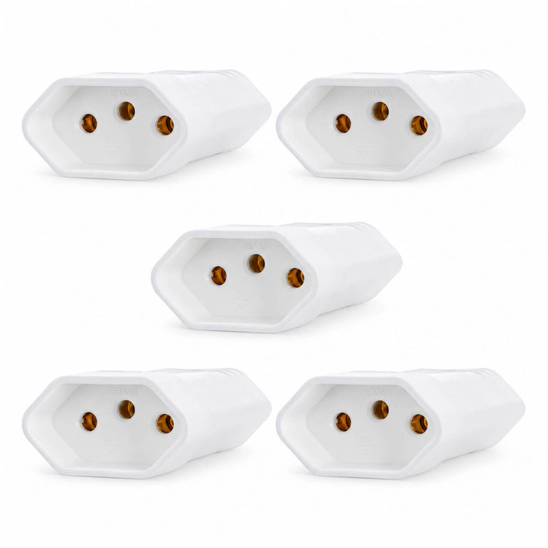 Kit com 5 Plug Fêmea Tripolar 2P+T para Extensão Padrão NBR 14136 20A Branco