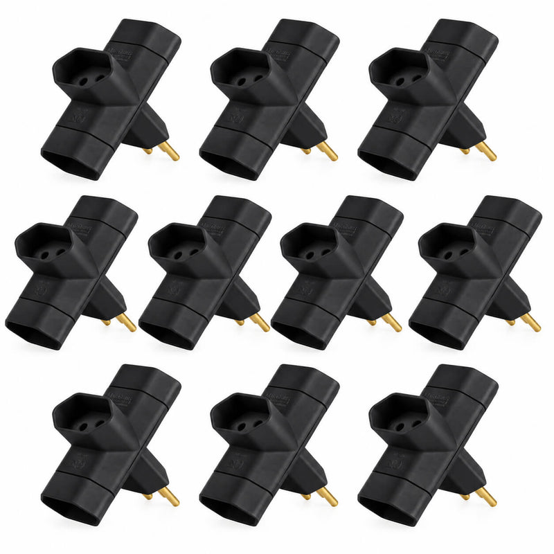 Kit com 10 Adaptador Benjamim T 3 Saídas 10A - Novo Padrão Preto