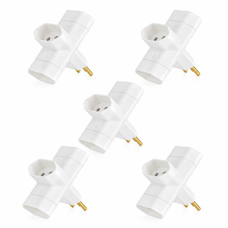 Kit com 5 Adaptador Benjamim T 3 Saídas 10A - Novo Padrão Branco