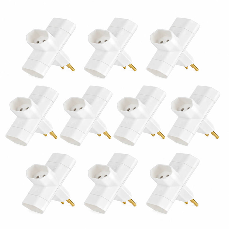 Kit com 10 Adaptador Benjamim T 3 Saídas 10A - Novo Padrão Branco