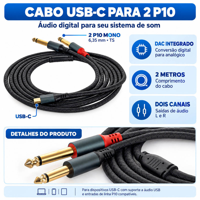 Cabo de Áudio USB-C para 2 P10 L/R com DAC – Celular para Mesa de Som - 2 m