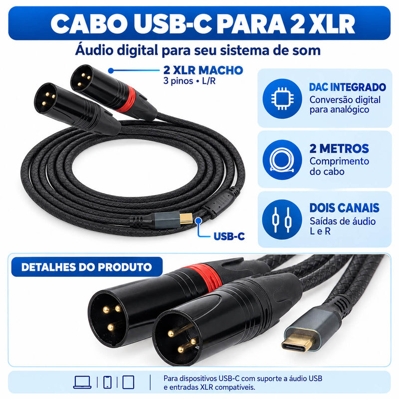 Cabo de Áudio USB-C para 2 XLR Macho L/R com DAC – Celular para Mesa de Som - 2 m