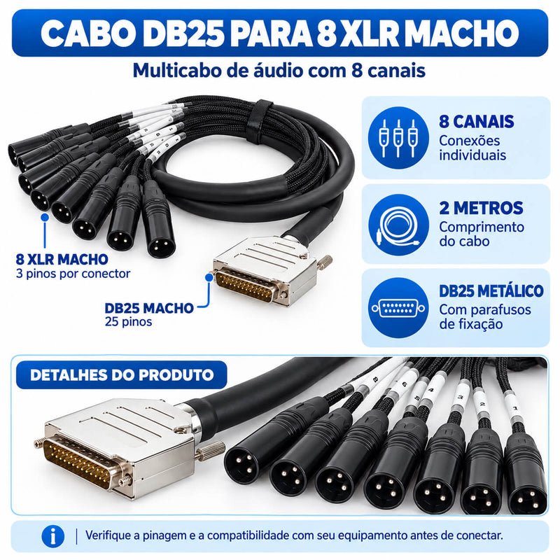 Cabo DB25 Macho para 8 XLR Macho - Multicabo de Áudio 8 Canais