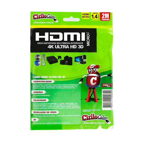 Cabo MICRO HDMI para HDMI 1.4 Ultra HD 3D, 2 metros - Cirilo Cabos