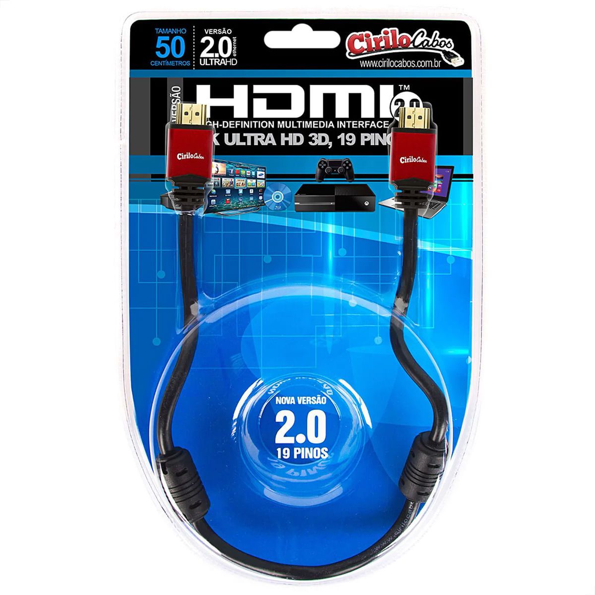 Cabo HDMI Versão 2.0, 19 Pinos, 4K, Ultra HD, 3D - 50 centímetros