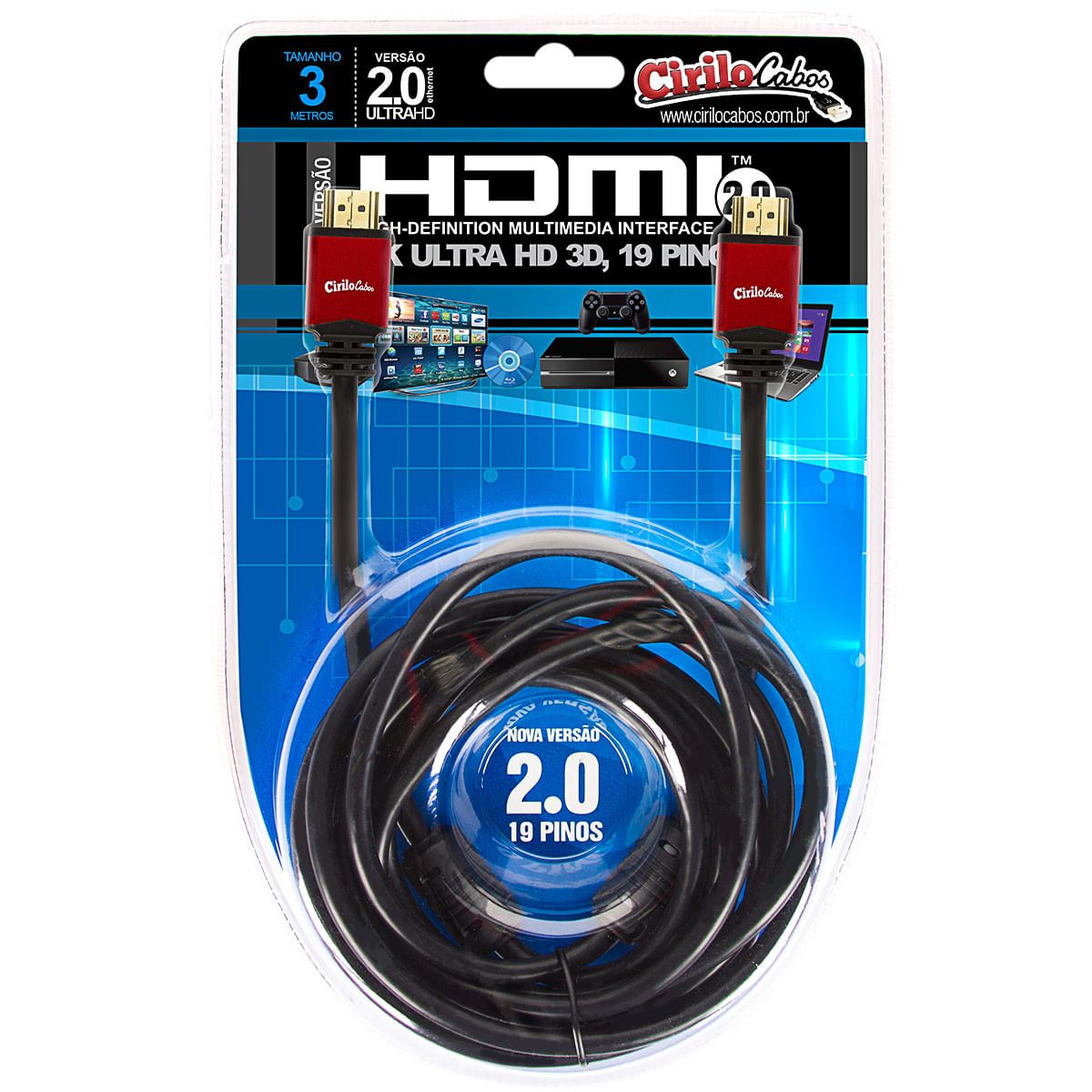 Cabo HDMI Versão 2.0, 19 Pinos, 4K, Ultra HD, 3D - 3 metros