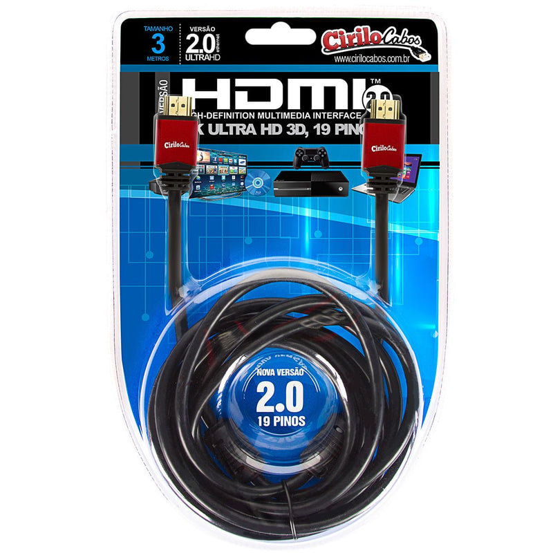 Cabo HDMI Versão 2.0, 19 Pinos, 4K, Ultra HD, 3D - 3 metros