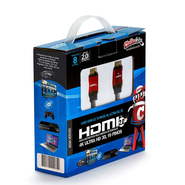 Cabo HDMI Versão 2.0, 19 Pinos, 4K, Ultra HD, 3D - 8 metros