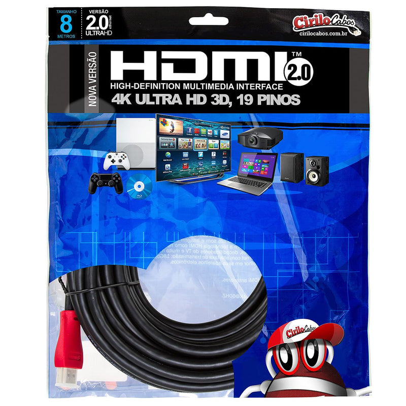 Cabo HDMI 2.0 Premium Ultra HD 4K@50/60 3D, 8 metros - Cirilo Cabos