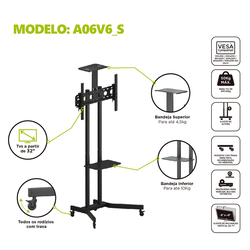 Suporte Pedestal com Rodízios e 3 Níveis de Regulagem de Altura para TVs de 32" a 70" A06V6_S