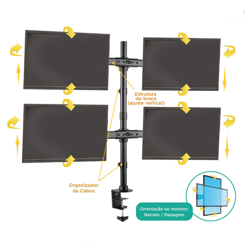 Suporte Articulado de Mesa para 4 Monitores de 15" à 27" Polegadas