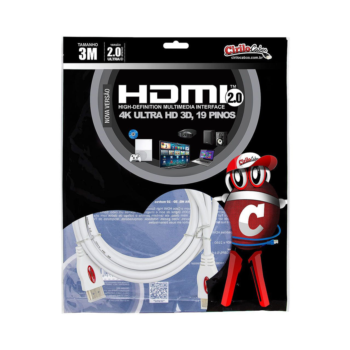 Cabo HDMI 2.0 4K Ultra HD 3D, Branco - 3 metros