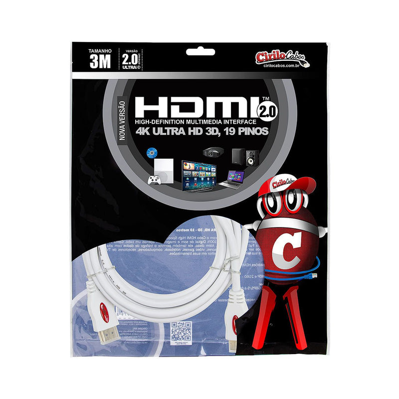 Cabo HDMI 2.0 4K Ultra HD 3D, Branco - 3 metros