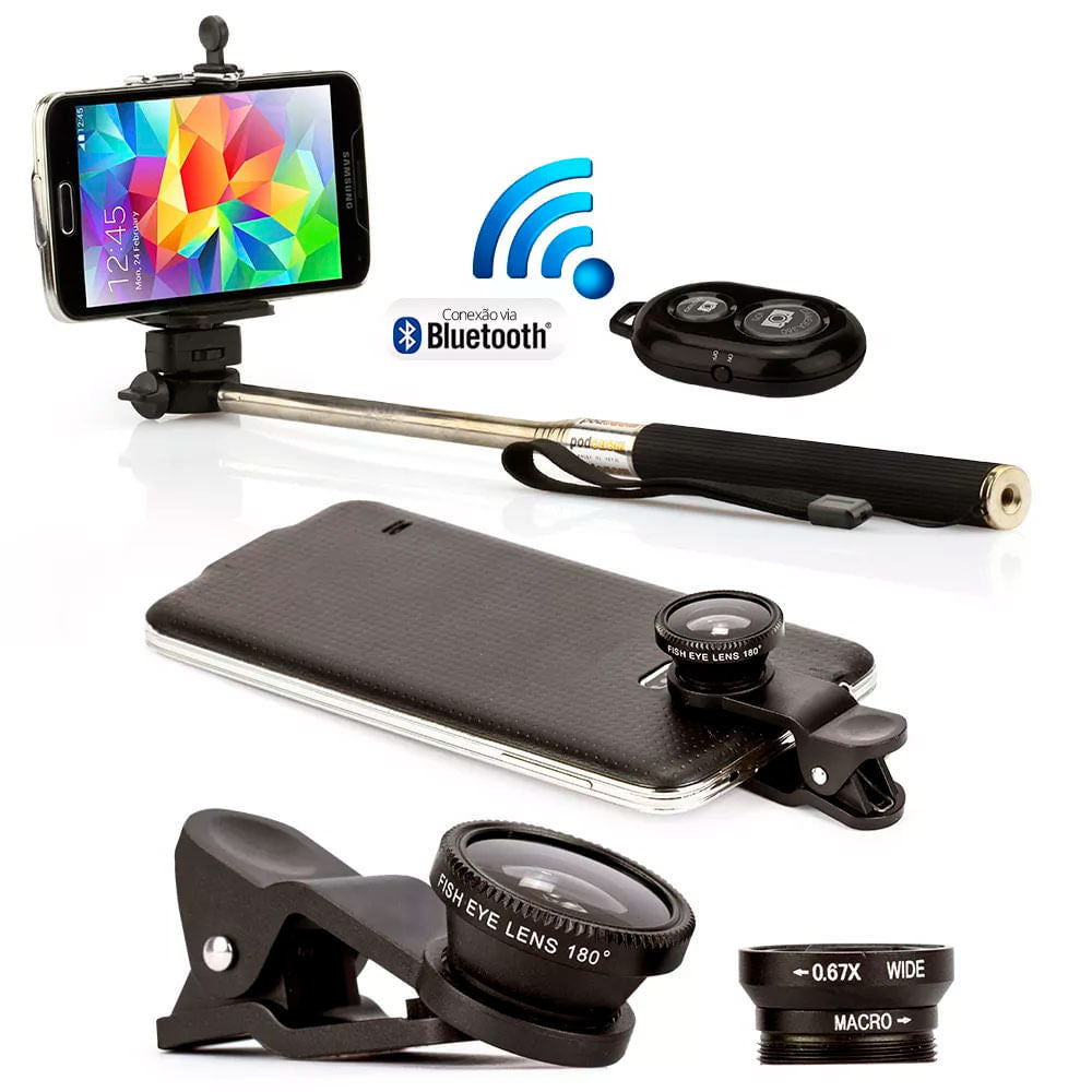 Pau de Selfie Bastão Monopod com controle + Lentes Universal Preto