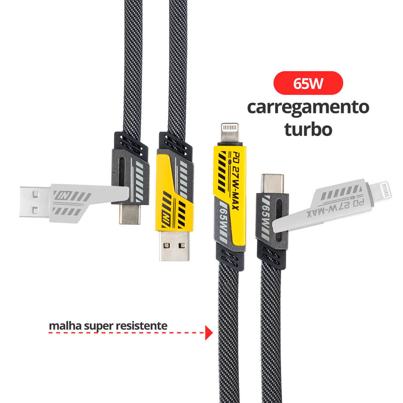 Cabo Turbo 4 em 1 - USB, USB-C e Lightning iPhone para Dados e Carregamento 65W - 1 Metro
